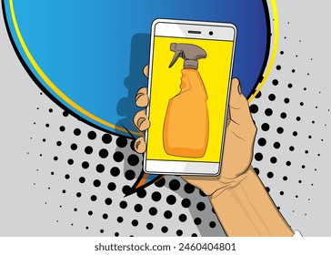 Cartoon Smartphone, comic book Telephone with Window Washer, Cleaning Product. Retro vector comics pop art design.