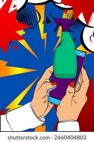 Cartoon Smartphone, comic book Telephone with Window Washer, Cleaning Product. Retro vector comics pop art design.