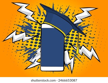 Cartoon Smartphone, comic book Telephone with Graduation Cap. Retro vector comics pop art design.