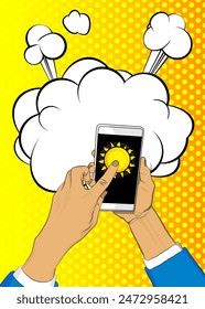 Cartoon Smartphone, comic book Telephone with Summer Sun. Retro vector comics pop art design.