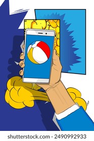 Cartoon Smartphone, comic book Telephone with Beach Ball. Retro vector comics pop art design.
