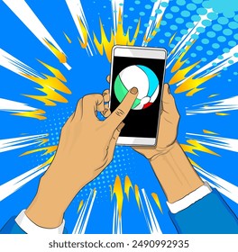 Cartoon Smartphone, comic book Telephone with Beach Ball. Retro vector comics pop art design.