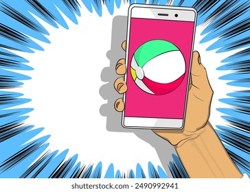 Cartoon Smartphone, comic book Telephone with Beach Ball. Retro vector comics pop art design.