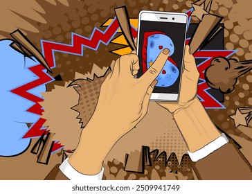 Dessin animé Smartphone, comic book Téléphone avec Letter B. Image vectorielle rétro comics pop art design.