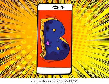 Dessin animé Smartphone, comic book Téléphone avec Letter B. Image vectorielle rétro comics pop art design.