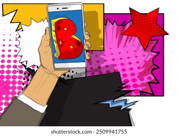 Dessin animé Smartphone, comic book Téléphone avec Letter B. Image vectorielle rétro comics pop art design.