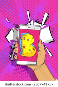 Cartoon Smartphone, comic book Telephone with Letter B. Retro vector comics pop art design.