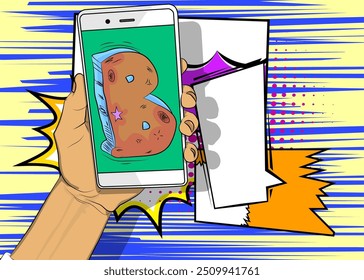Dessin animé Smartphone, comic book Téléphone avec Letter B. Image vectorielle rétro comics pop art design.