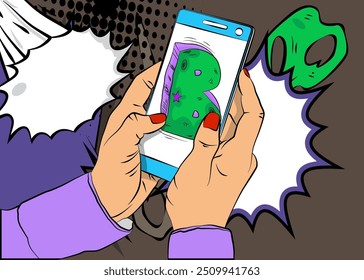 Dessin animé Smartphone, comic book Téléphone avec Letter B. Image vectorielle rétro comics pop art design.