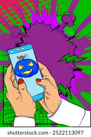 Cartoon Smartphone, história em quadrinhos Telefone com Halloween Jack O' Lantern Abóbora. Quadrinhos vetoriais retrô com design de arte pop.