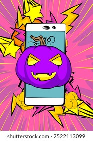 Cartoon Smartphone, história em quadrinhos Telefone com Halloween Jack O' Lantern Abóbora. Quadrinhos vetoriais retrô com design de arte pop.