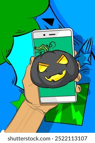 Cartoon Smartphone, história em quadrinhos Telefone com Halloween Jack O' Lantern Abóbora. Quadrinhos vetoriais retrô com design de arte pop.