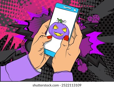 Smartphone de dibujos animados, cómic Teléfono con calabaza de Halloween Jack O' Lantern. Diseño de arte pop de cómics de Vector retro.