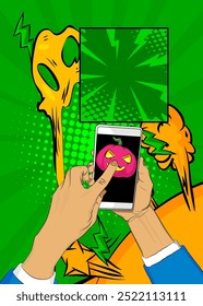 Cartoon Smartphone, comic book Telephone with Halloween Jack O' Lantern Pumpkin. Retro vector comics pop art design.