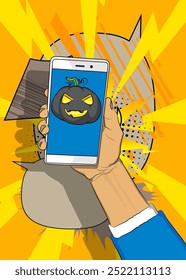 Cartoon Smartphone, história em quadrinhos Telefone com Halloween Jack O' Lantern Abóbora. Quadrinhos vetoriais retrô com design de arte pop.