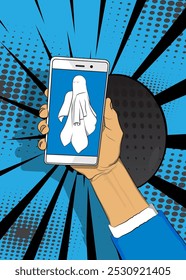 Cartoon Smartphone, comic book Telephone with Ghost. Retro vector comics pop art design.