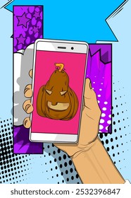 Cartoon Smartphone, história em quadrinhos Telefone com Halloween Jack O' Lantern Abóbora. Quadrinhos vetoriais retrô com design de arte pop.