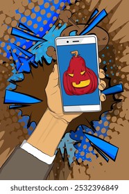 Cartoon Smartphone, história em quadrinhos Telefone com Halloween Jack O' Lantern Abóbora. Quadrinhos vetoriais retrô com design de arte pop.