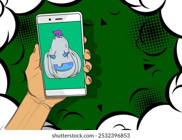 Cartoon Smartphone, história em quadrinhos Telefone com Halloween Jack O' Lantern Abóbora. Quadrinhos vetoriais retrô com design de arte pop.