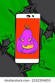 Cartoon Smartphone, história em quadrinhos Telefone com Halloween Jack O' Lantern Abóbora. Quadrinhos vetoriais retrô com design de arte pop.