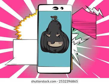 Cartoon Smartphone, história em quadrinhos Telefone com Halloween Jack O' Lantern Abóbora. Quadrinhos vetoriais retrô com design de arte pop.