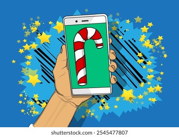 Cartoon Smartphone, comic book Telephone with Candy cane. Retro vector comics pop art design.