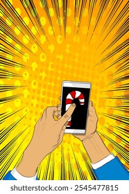 Cartoon Smartphone, comic book Telephone with Candy cane. Retro vector comics pop art design.