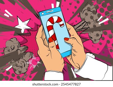 Cartoon Smartphone, comic book Telephone with Candy cane. Retro vector comics pop art design.