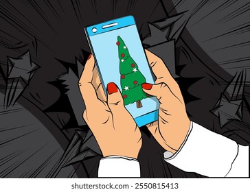 Cartoon Smartphone, comic book Telephone with Christmas decorated pine tree. Retro vector comics pop art design.