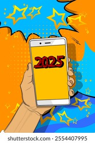 Cartoon Smartphone, comic book Telephone with 2025. Retro vector comics pop art design.