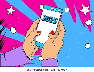 Cartoon Smartphone, comic book Telephone with 2025. Retro vector comics pop art design.