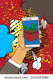 Cartoon Smartphone, comic book Telephone with Gift Box Retro vector comics pop art design.