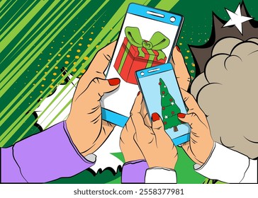 Cartoon Smartphone, comic book Telephone with Gift Box and Christmas decorated pine tree. Retro vector comics pop art design.