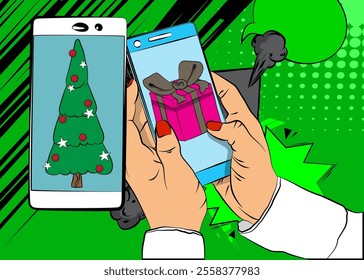 Cartoon Smartphone, comic book Telephone with Gift Box and Christmas decorated pine tree. Retro vector comics pop art design.