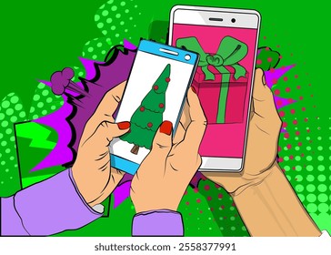 Cartoon Smartphone, comic book Telephone with Gift Box and Christmas decorated pine tree. Retro vector comics pop art design.