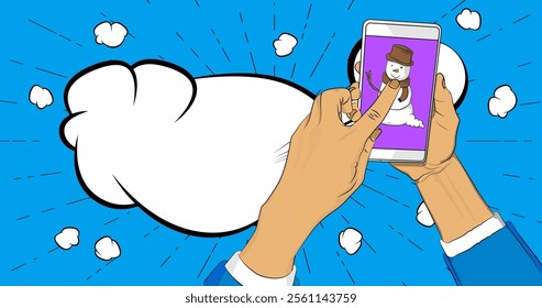 Cartoon Smartphone, comic book Telephone with Snowman. Retro vector comics pop art design.