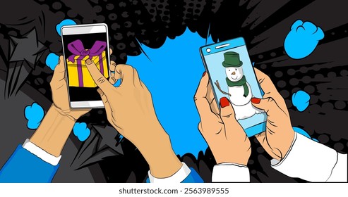 Cartoon Smartphone, comic book Telephone with Gift Box and Snowman. Retro vector comics pop art design.