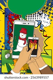 Cartoon Smartphone, comic book Telephone with Gift Box and Snowman. Retro vector comics pop art design.