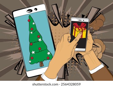 Cartoon Smartphone, comic book Telephone with Gift Box and Christmas decorated pine tree. Retro vector comics pop art design.