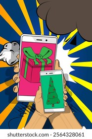 Cartoon Smartphone, comic book Telephone with Gift Box and Christmas decorated pine tree. Retro vector comics pop art design.