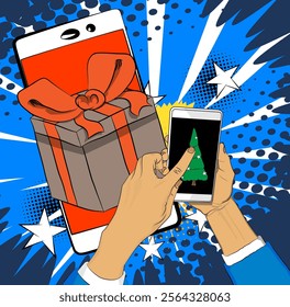 Cartoon Smartphone, comic book Telephone with Gift Box and Christmas decorated pine tree. Retro vector comics pop art design.