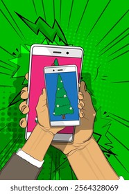Cartoon Smartphone, comic book Telephone with Gift Box and Christmas decorated pine tree. Retro vector comics pop art design.