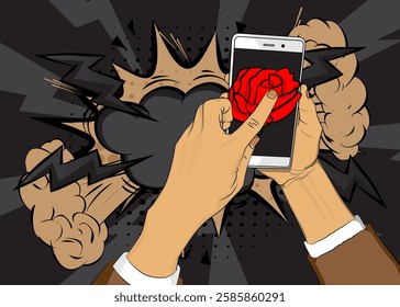 Cartoon Smartphone, comic book Telephone with Red Rose. Retro vector comics pop art design.