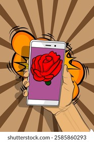 Cartoon Smartphone, comic book Telephone with Red Rose. Retro vector comics pop art design.