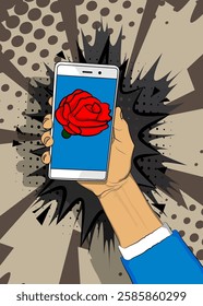 Cartoon Smartphone, comic book Telephone with Red Rose. Retro vector comics pop art design.