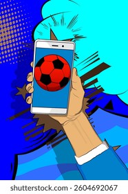 Cartoon Smartphone, comic book Telephone with Soccer Ball. Retro vector comics pop art design.