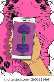 Cartoon Smartphone, comic book Telephone with Dumbbell. Retro vector comics pop art design.