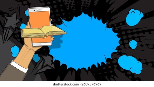 Cartoon Smartphone, comic book Telephone with Book. Retro vector comics pop art design.