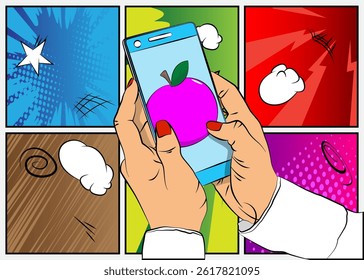 Cartoon Smartphone, comic book Telephone with Apple. Retro vector comics pop art design.