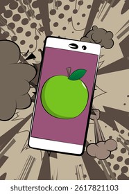 Cartoon Smartphone, comic book Telephone with Apple. Retro vector comics pop art design.